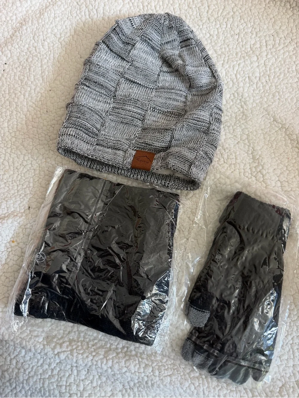 Gray Knit Beanie with Black Socks & Gloves Set - Casual Winter Trio